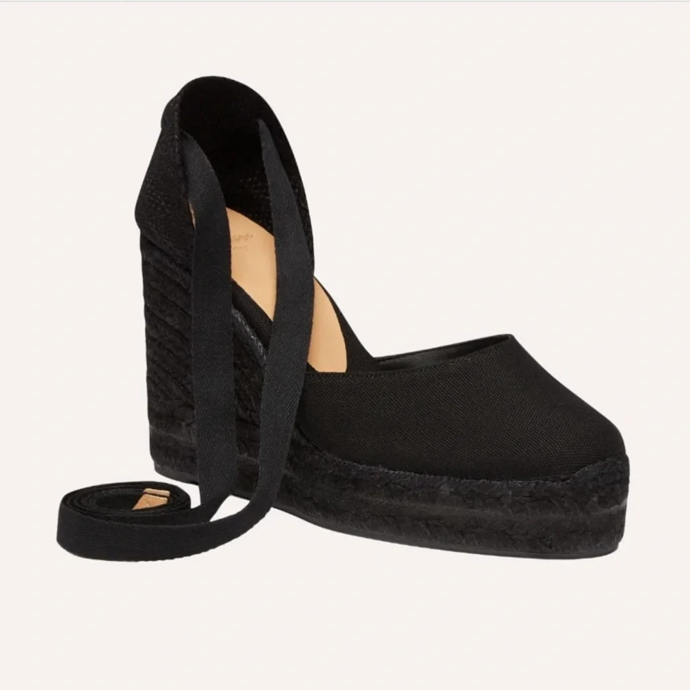 NWT CASTANER CARINA 110 BLACK WEDGE ESPADRILLES SIZE IT 38 .
